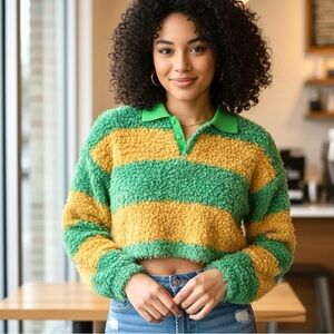 Akira Women’s Fuzzy Green & Yellow Striped Cropped Sweatshirt / Sweater Large